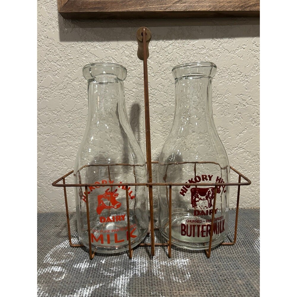2 Vintage Hickory Hills Dairy Milk & Buttermilk Quart Bottles & Wire Basket